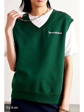 Sporty & Rich Serif Logo Embroidered V-Neck Vest Size SMALL Forest Green